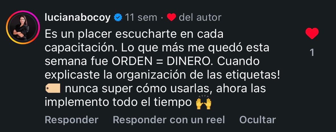 Comentario de una alumna en Instagram
